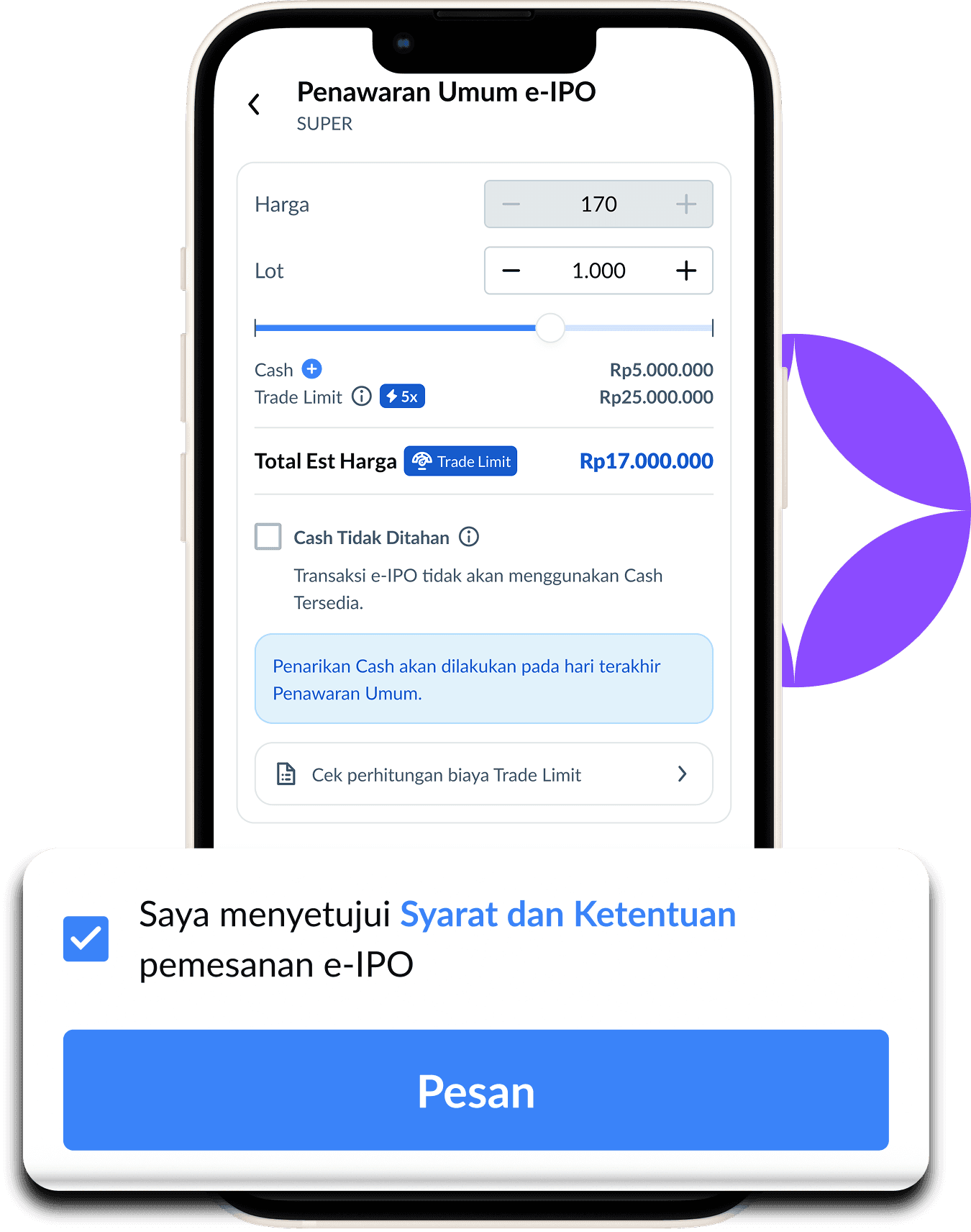 Centang Syarat dan Ketentuan, lalu klik **“Pesan”**